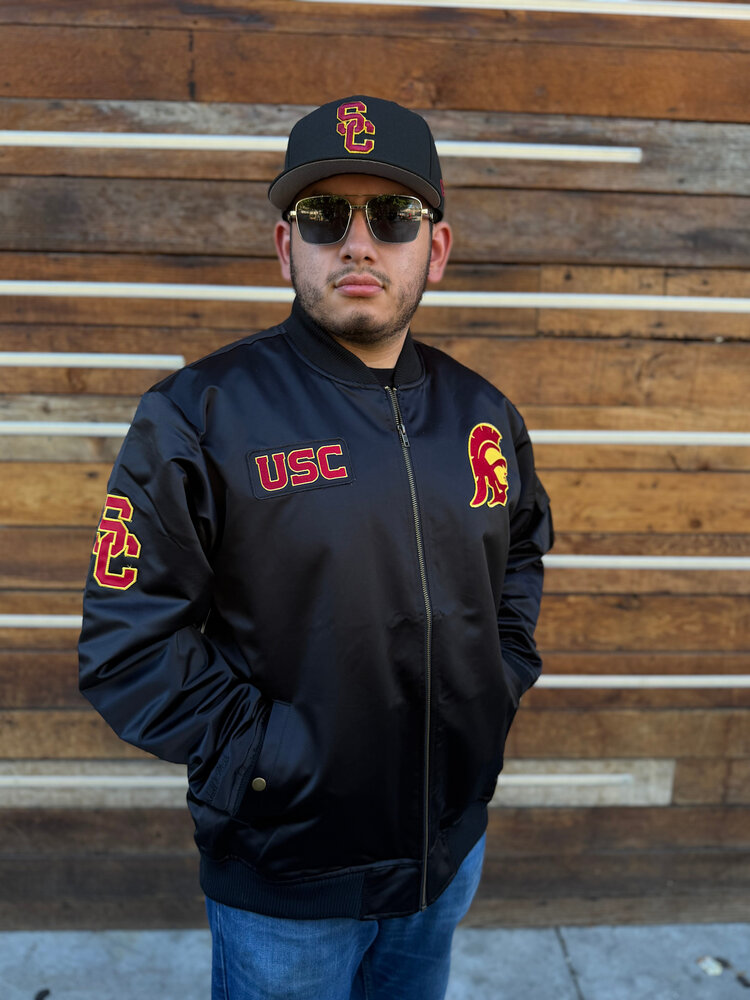Mitchell and Ness USC Trojans M&N Team Leader Satin Bomber Jacket Black