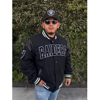 G-III Raiders Men's Clutch Hitter Varsity Button Snap Jacket Black White