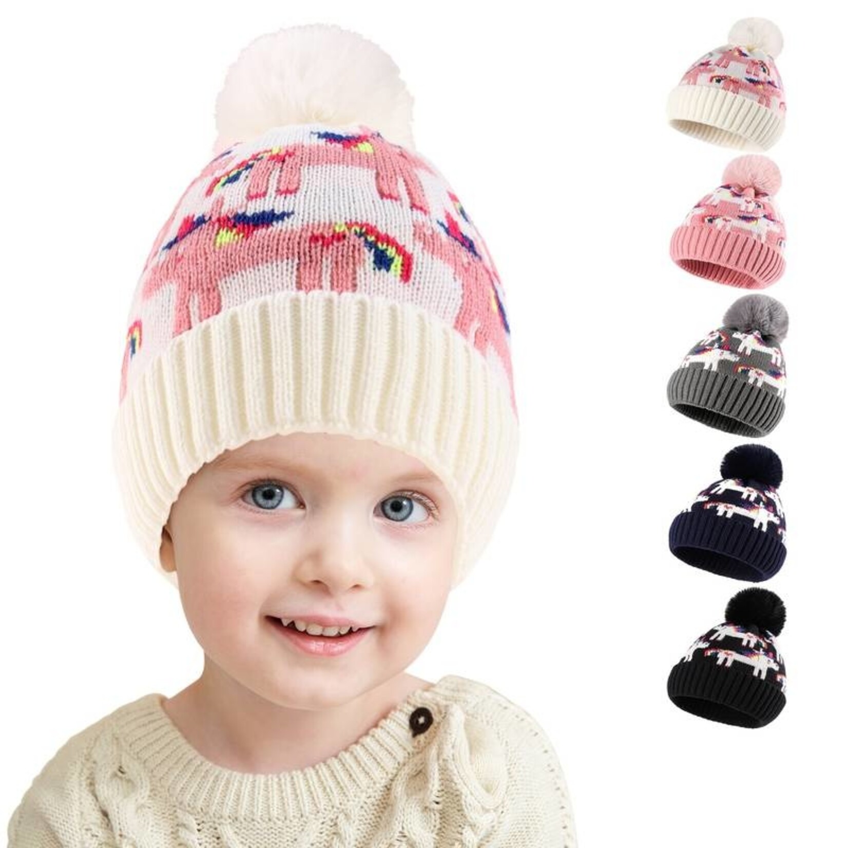 Kids Unicorn Fleece Line Ribbed Knit Beanie