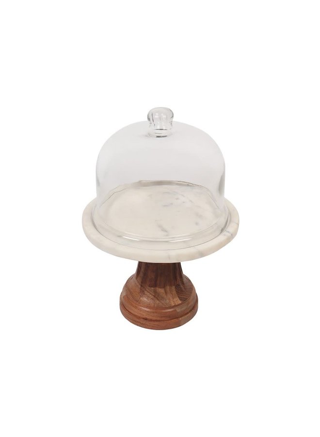 WOOD & MARBLE CAKE STAND W DOME