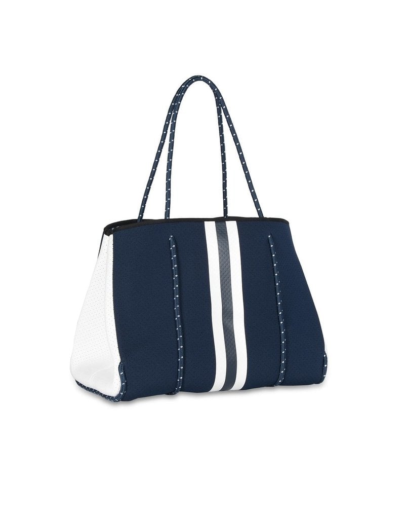 navy and white handbag