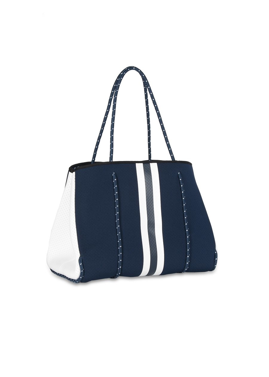 navy and white bag