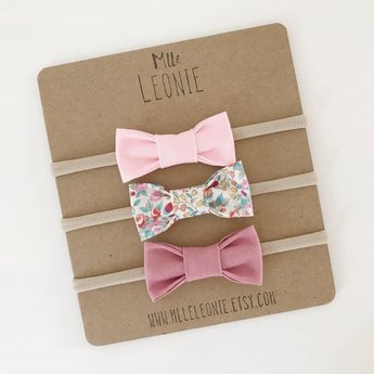 Mlle Leonie Fabric Bow Headband Trio Light Pink Little Red Flowers Vintage Pink