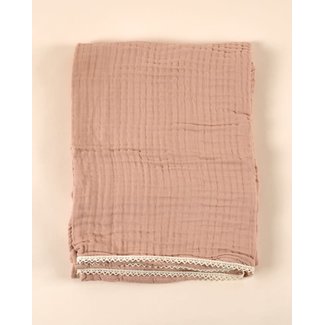 Sauge & Co Sauge & Co - Cotton Muslin Very Large Pink Clay Blanket, Ecru Lace
