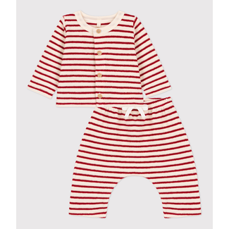 Petit Bateau Petit Bateau - Buttoned Sweater and Pants Set, Red Striped