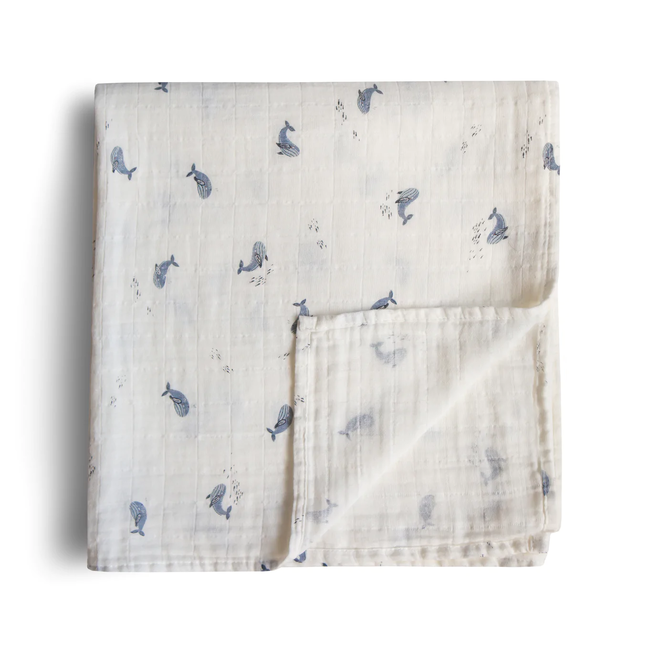 Mushie - Muslin Swaddle Blanket Organic Cotton, Whales - Charlotte et  Charlie