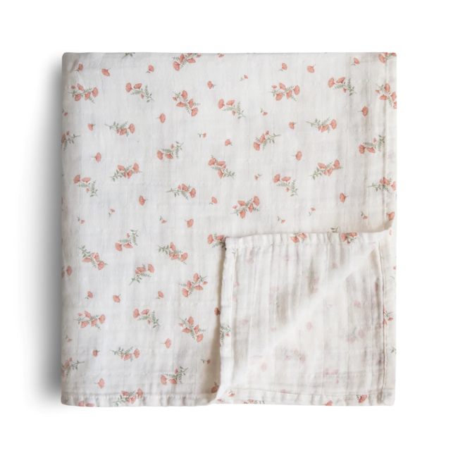 Mushie Mushie - Muslin Swaddle Blanket Organic Cotton, Pink Flowers
