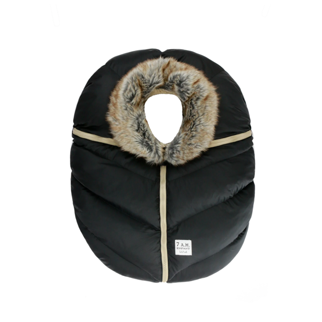 7 A.M 7AM - Car Seat Cocoon Cover, Black Faux Fur Tundra, 0-12 months