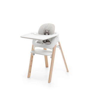Stokke Stokke Steps - Complete High Chair with Tray and Grey Cushion, Natural Legs, White Baby Set and Seat