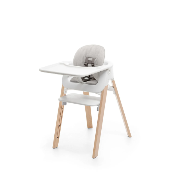 Stokke Stokke Steps - Complete High Chair with Tray and Grey Cushion, Natural Legs, White Baby Set and Seat