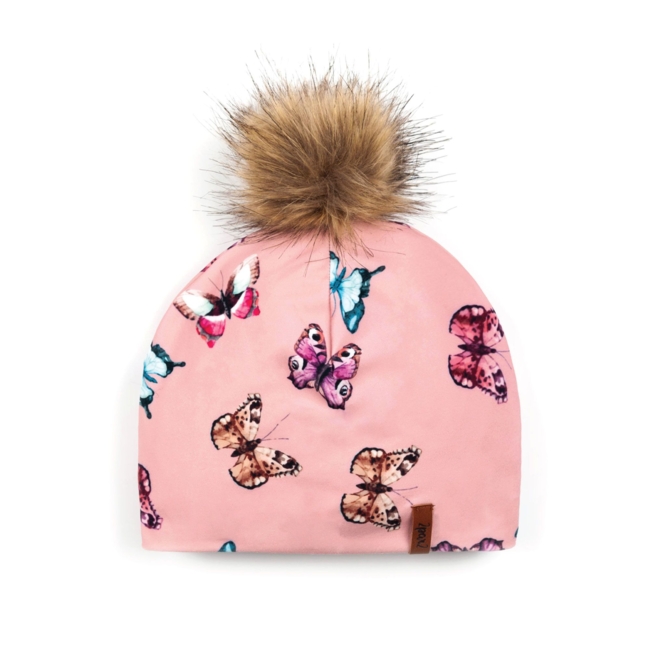 deux par deux DeuxParDeux - Hat with Removable Pompom, Watercolor Butterflies Pink