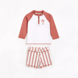 Petit Lem Petit Lem - Rashguard Top and Swim Short Set, Striped Brick