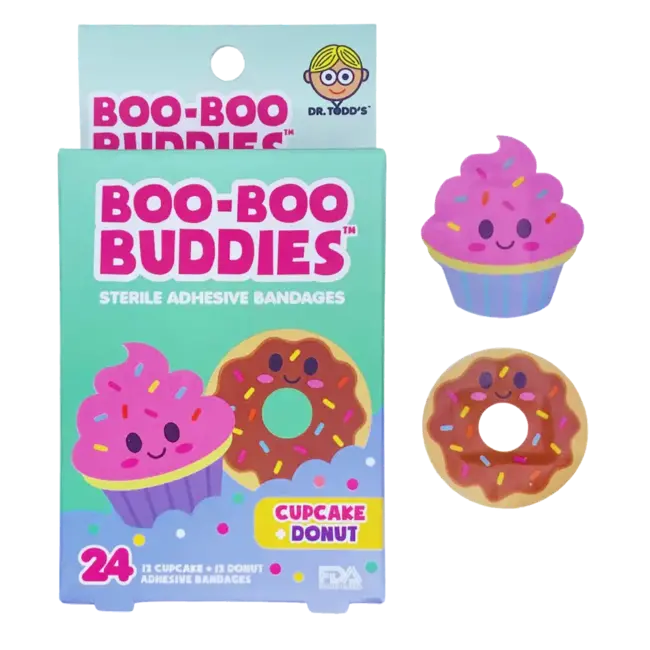 Boo-Boo Buddies Boo-Boo Buddies - Boîte de 24 Pansements Ludiques, Petit Gâteau et Beigne