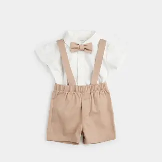 Petit Lem Petit Lem - Shirt, Overalls, and Bow Tie Set, Cream and Taupe