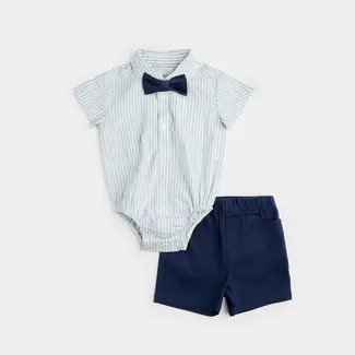 Petit Lem Petit Lem - Shirt, Shorts, and Bow Tie Set, Blue Stripes