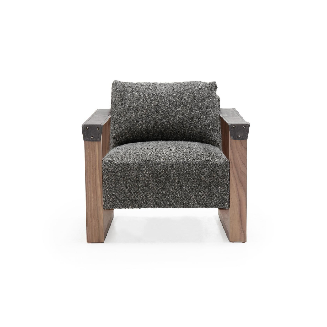 Benedict Club Chair in Sandy Linen w/Echo Charcoal Graay Leather Straps w/Greywash
