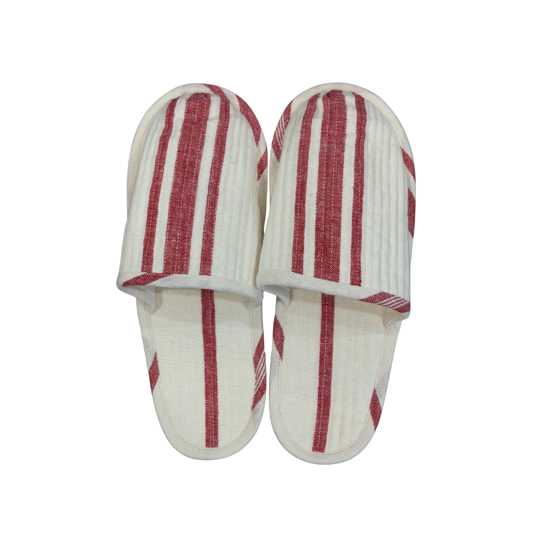 Live Linen Red Striped Linen Slippers, Small