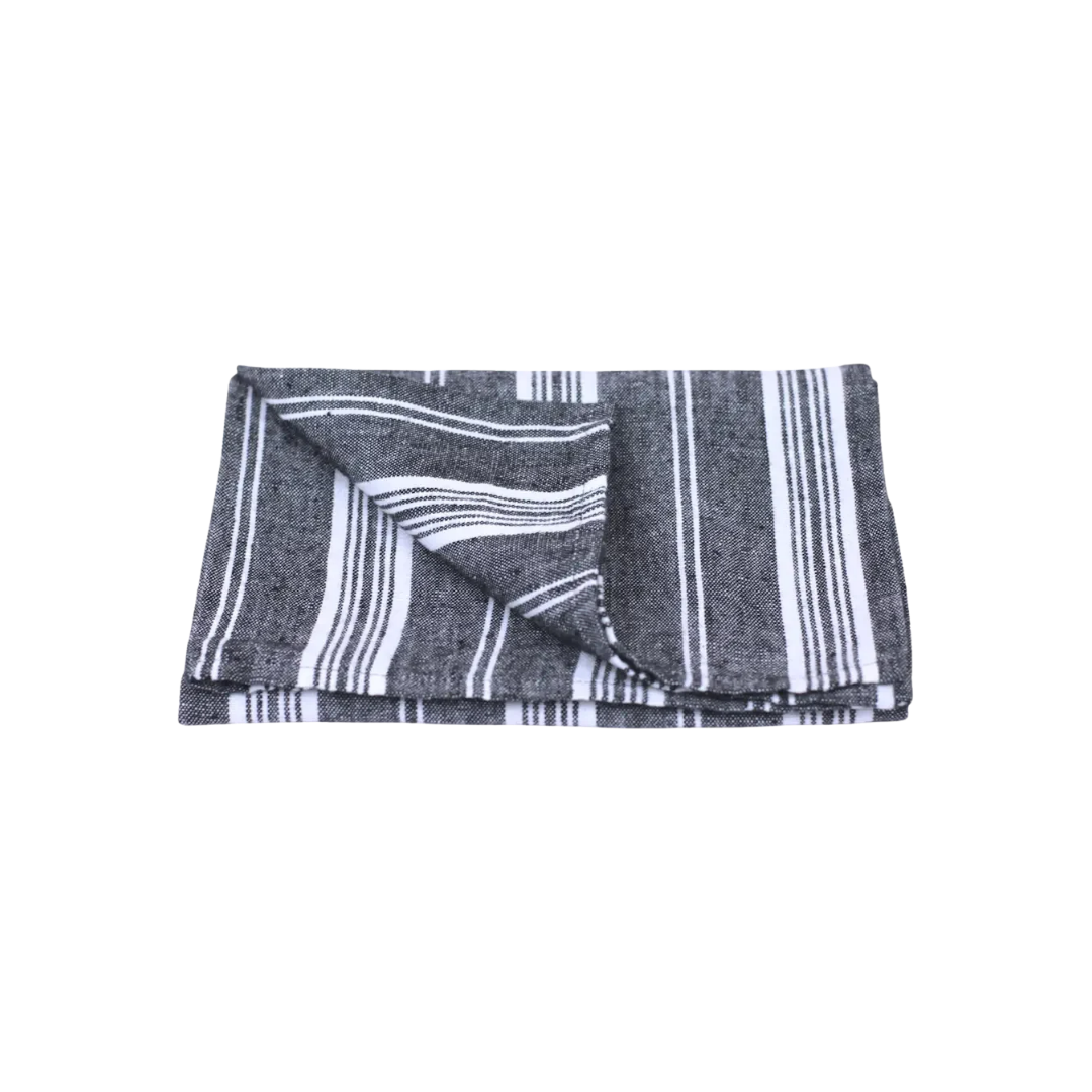 Stonewashed Linen Hand Towel, Black w/ White Stripes