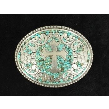 Belt Buckle - Oval Berry Edge Turquoise w/Cross