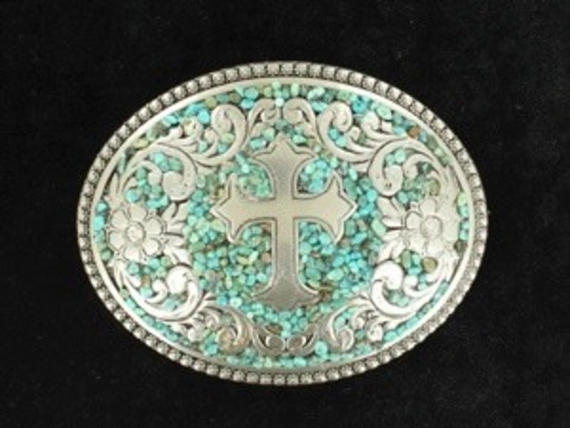 Belt Buckle - Oval Berry Edge Turquoise w/Cross