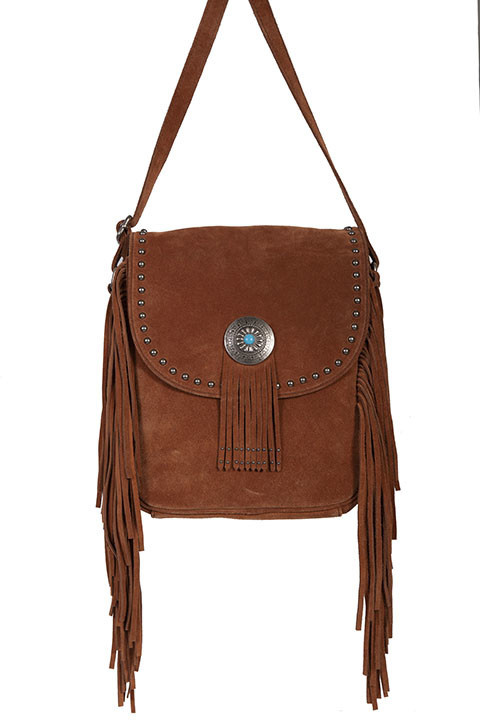 Handmade Leather Clutch Crossbody Fanny Bag w Fringe Turquoise with w Concho 