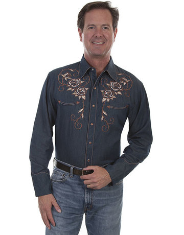 Scully Leather Men's Scully Longhorn & Rose Embroidered Denim Shirt (Reg $94.95 now 25% OFF!)
