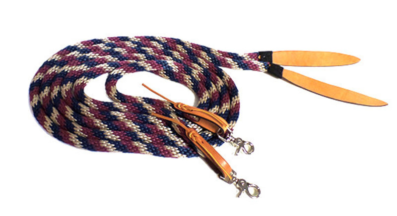 Triple E Nylon Split Rein with Leather Poppers & Snaps, Black & Grey Mix - 10'