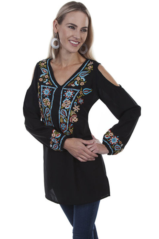 Scully Leather Women's Scully Open Shoulder Embroidered Tunic - Black, Medium