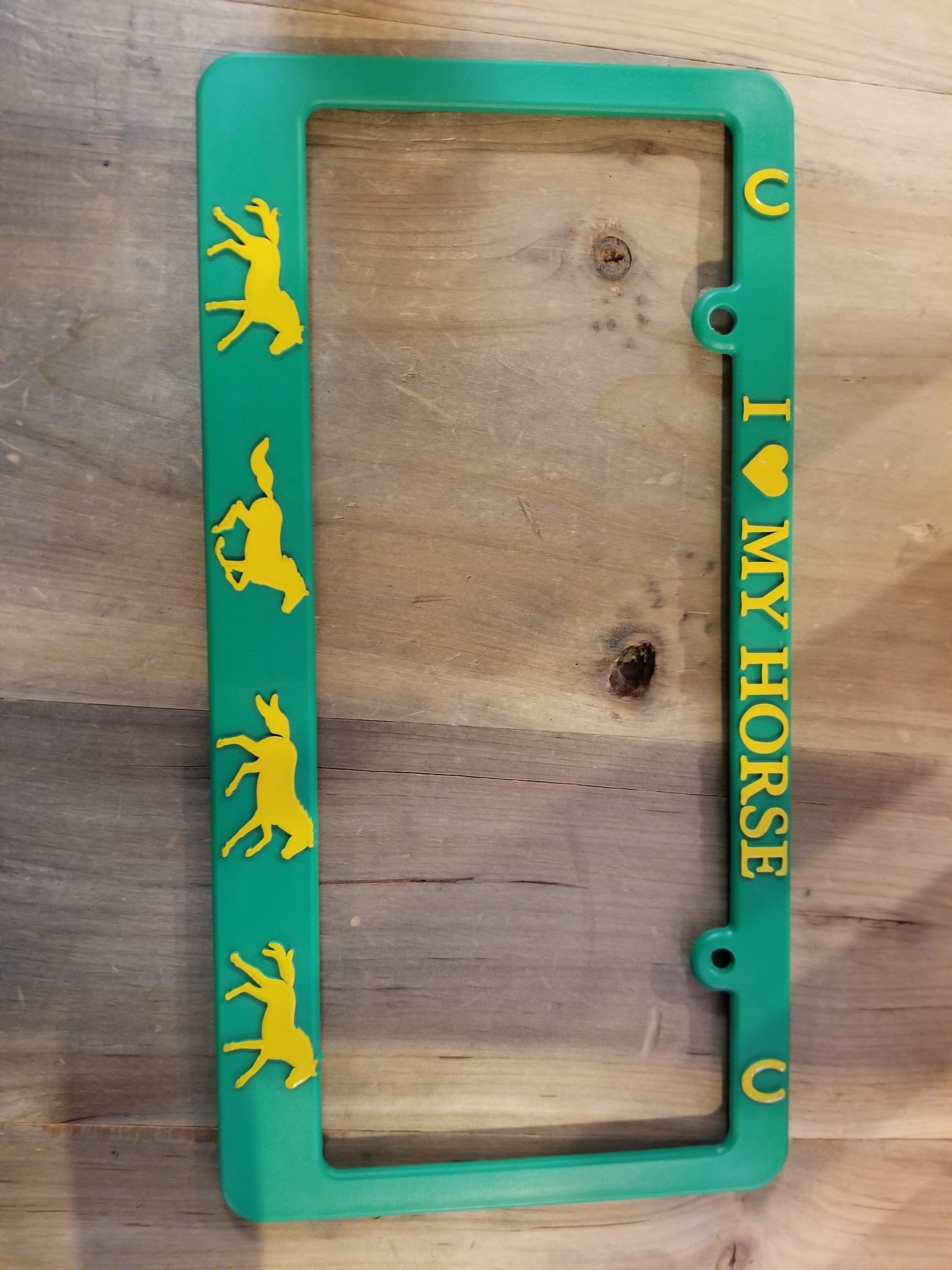 I Love My Horse License Plate Frame Grn/Yellow Horses (Reg $12.95 now $8 OFF!)