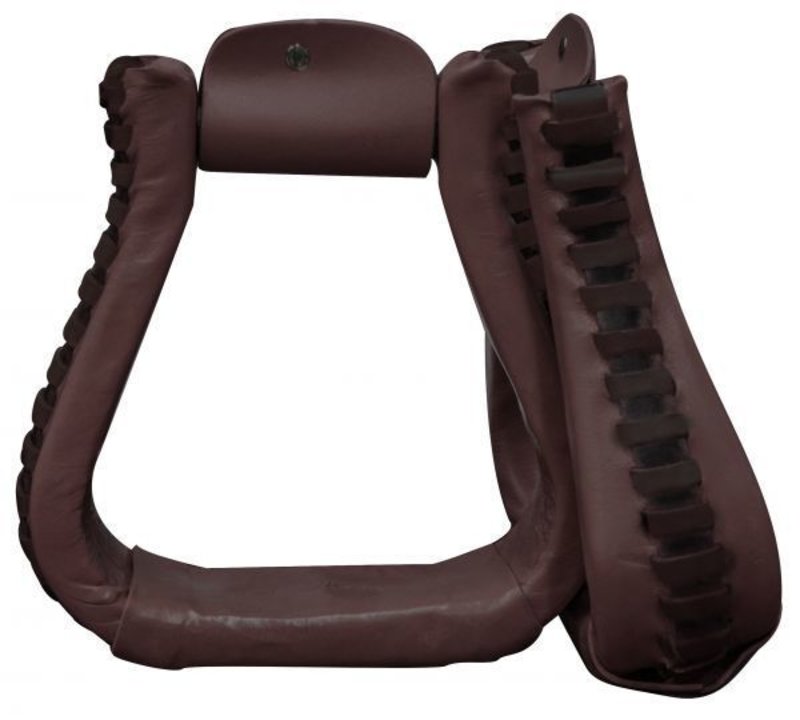 Showman Leather Covered Stirrups, Leather Laced - Wide