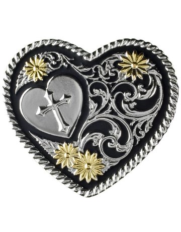 Western Fashion Accessories Belt Buckle - Heart, Cross, Gold Petals, Rope Edge