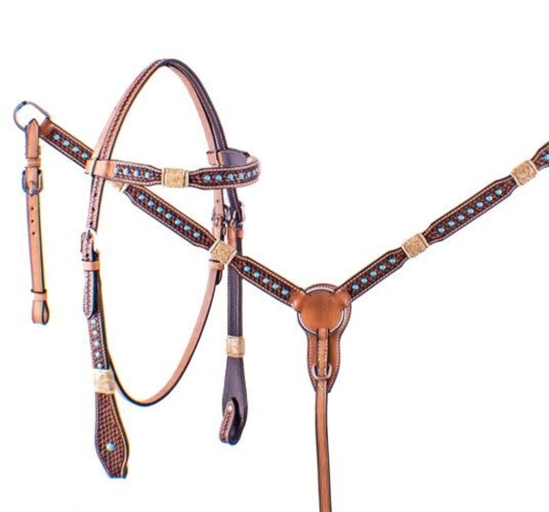 Showman Showman Tack Set - Rawhide and Turquoise Studs
