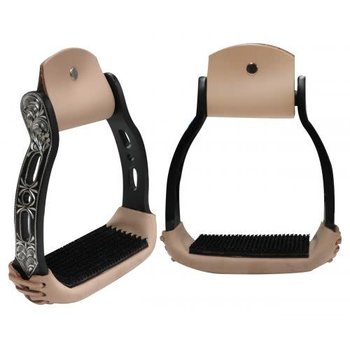 Showman Aluminum Barrel Racing Stirrups, Engraved - Black