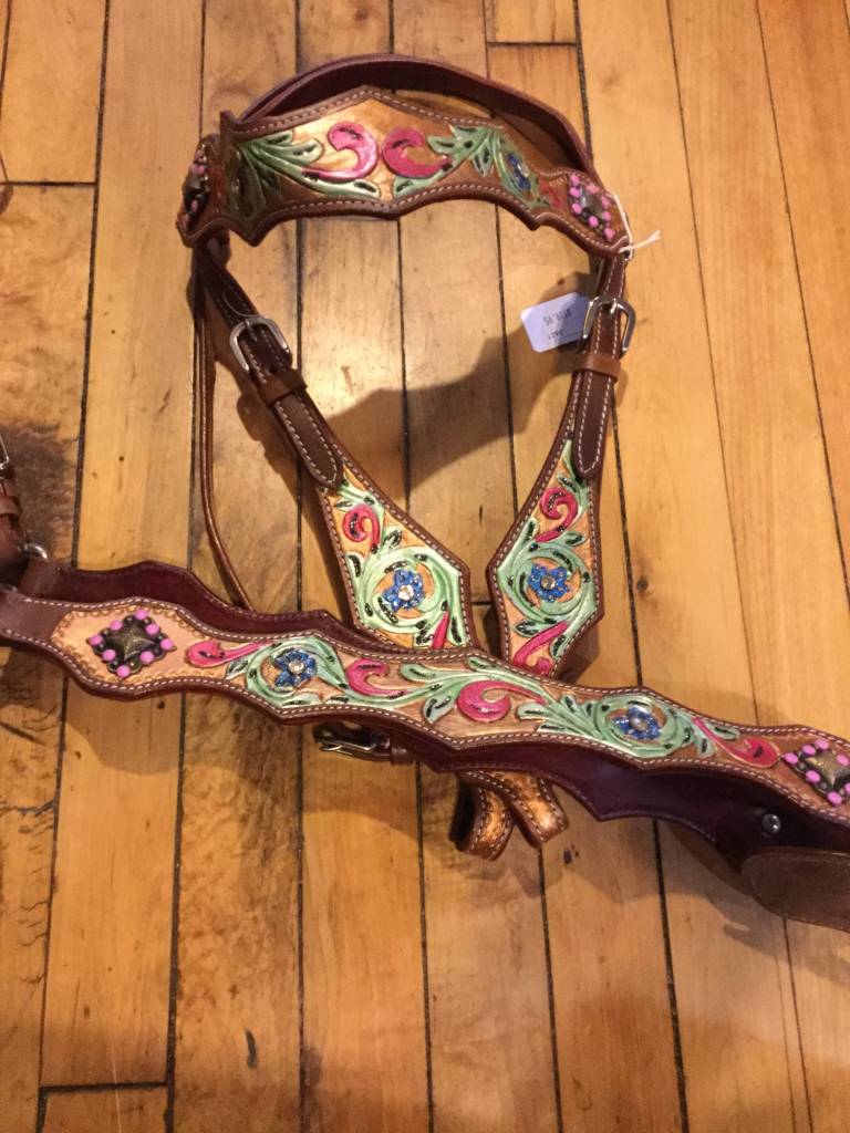 Western Brown Leather Tack set of Headstall and Breast collar