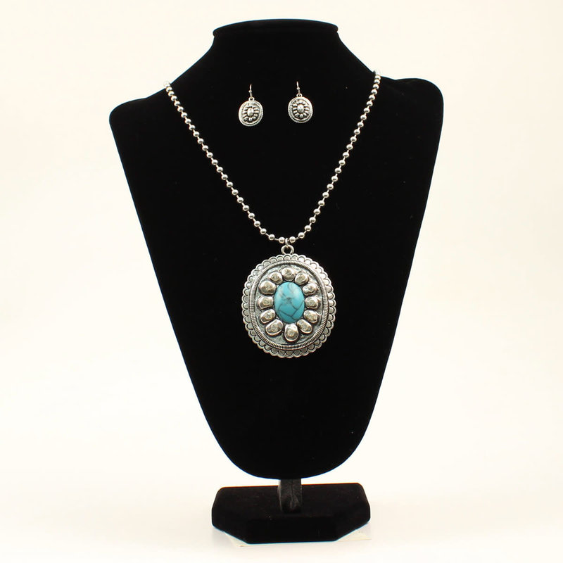 Set - Necklace/Earrings Oval Pendant with Turquoise Stone