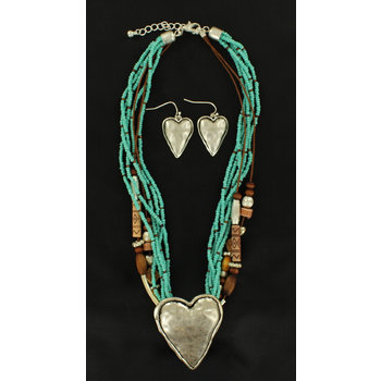 Set - Necklace/Earrings Heart Pendant on Multi Strands