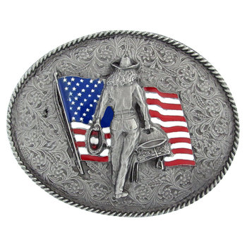Belt Buckle - Oval Cowgirl with American Flag