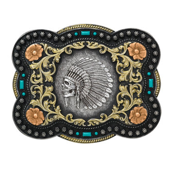 Nocona Belt Buckle - Nocona Rectangle Indian Chief Skull