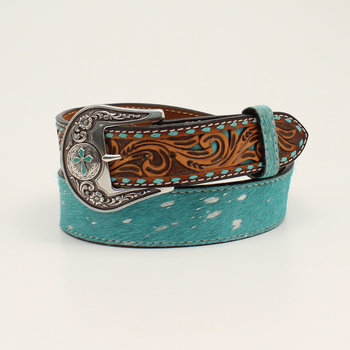 Nocona Belt - Angel Ranch Buckstitch Tooled Tabs Turquoise Calf Hair