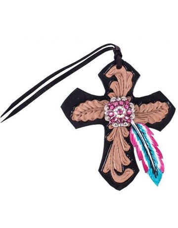 Showman Leather Saddle Charm - Cross with Pink and Turquoise Feather