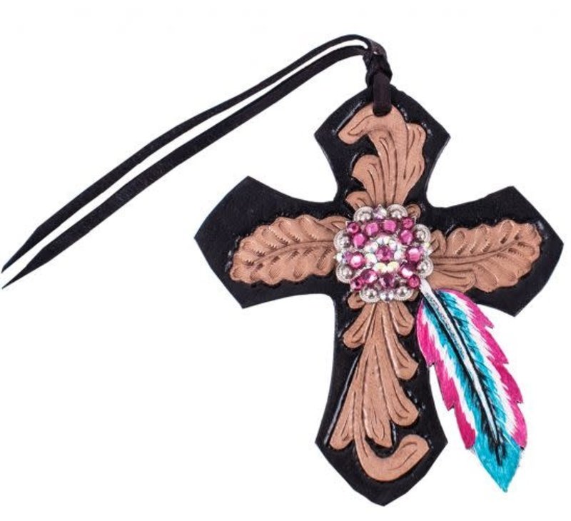 Showman Leather Saddle Charm - Cross with Pink and Turquoise Feather