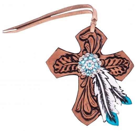 Leather Saddle Charm Cross with Turquoise Feather Gass Horse Supply