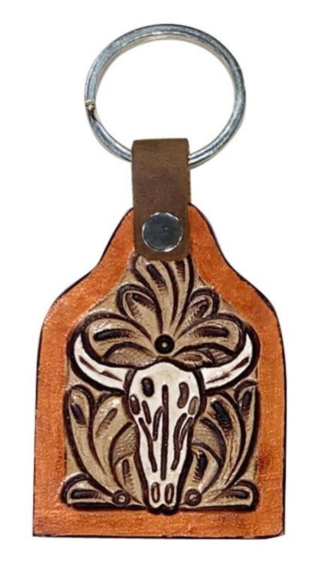 Showman Key Chain - Cow Tag Fob with Tooled Cow Skull