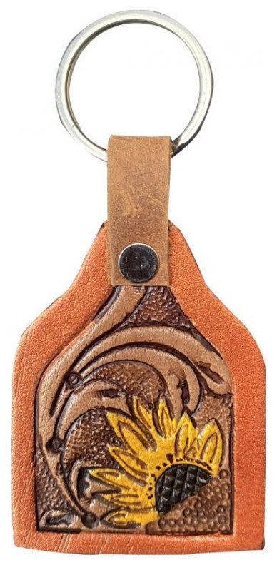 Showman Key Chain - Cow Tag Fob with Tooled Sunflower