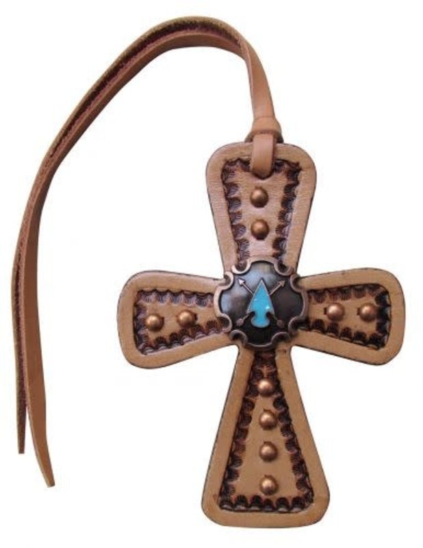 Showman Saddle Charm - Leather Cross with Turquoise Stone