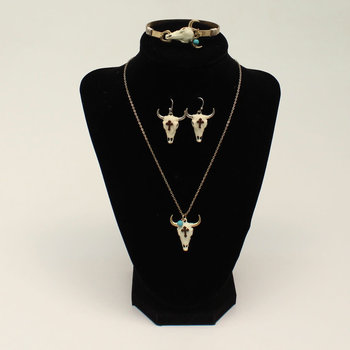 Set - Necklace, Earrings & Bracelet - Bull Skull