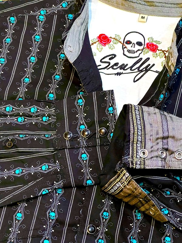 Scully Leather Men's Skull Stripe Western Shirt - Black/Turquoise
