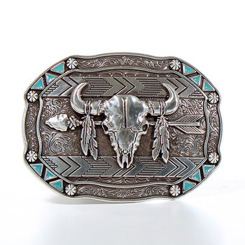 Nocona Belt Buckle - Arrow & Buffalo Skull with Feathers