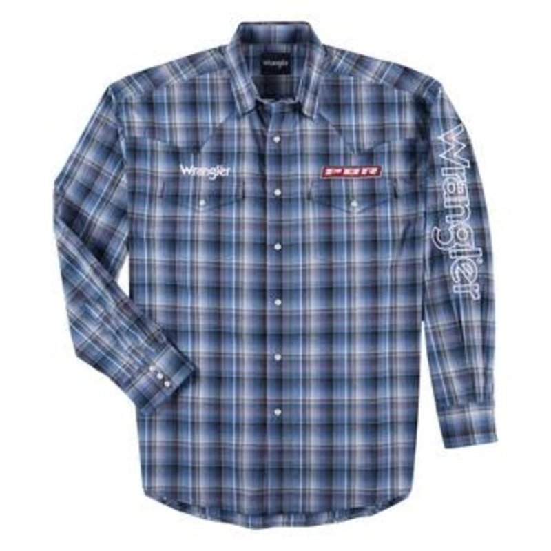 Wrangler Men's Wrangler LS PBR Logo Shirt - Blue Plaid