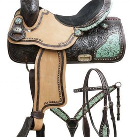 Double T 15" Wide Double T Barrel Saddle Set with Teal Filigree Inlay